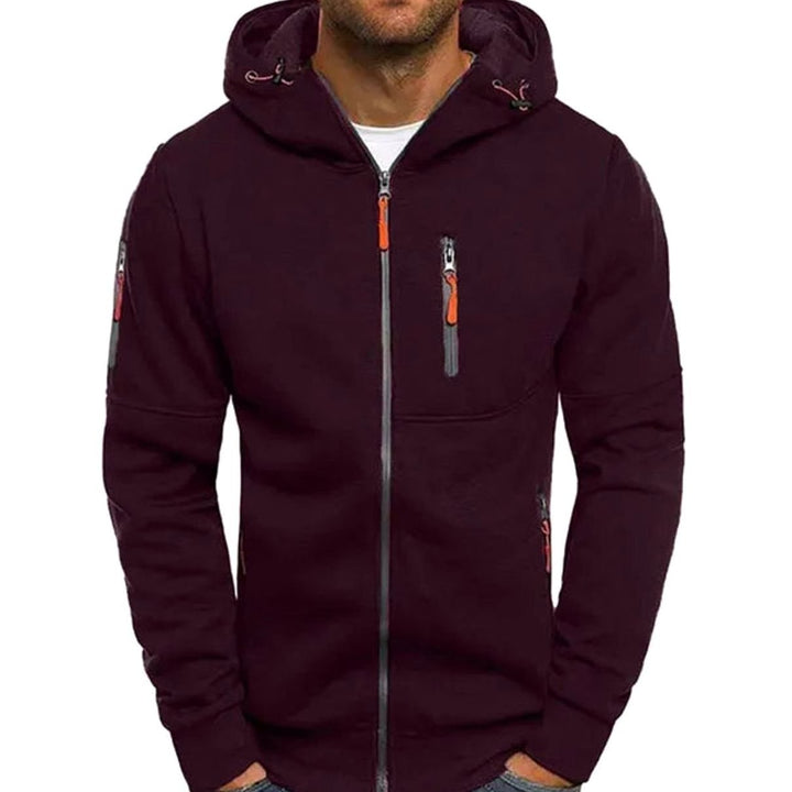 Men's Fleece Zip-Up Hoodie Jacket Multi-Pocket - Red