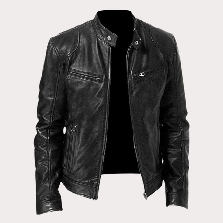 Men's Genuine Leather Biker Jacket Band Collar Multi-Zip - Black