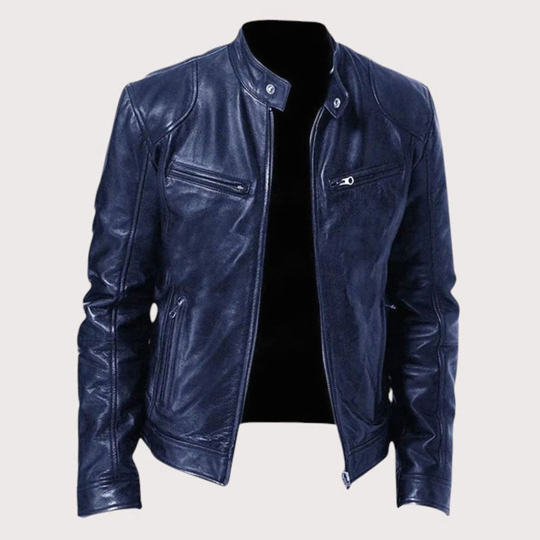 Men's Genuine Leather Biker Jacket Band Collar Multi-Zip - Dark Blue