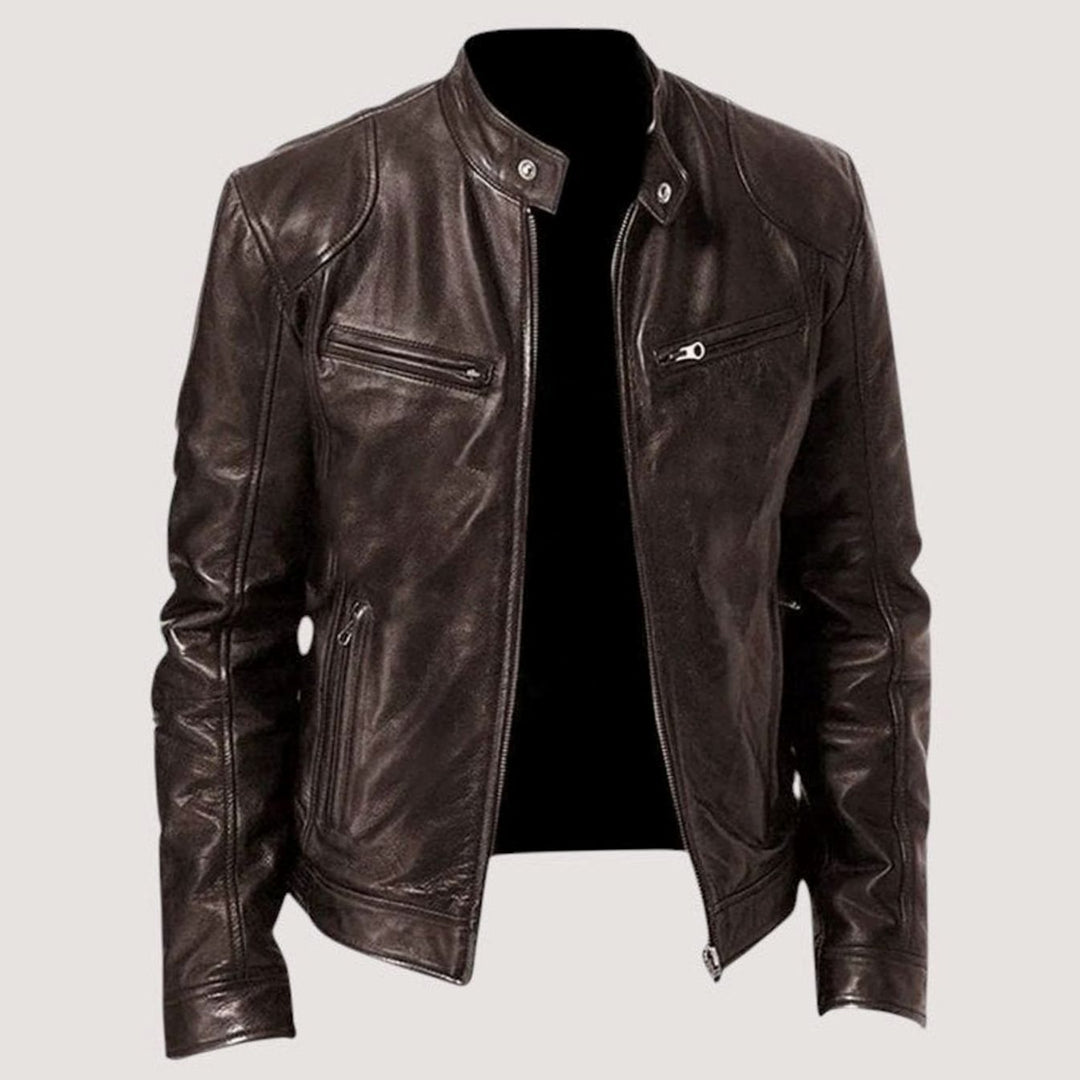 Men's Genuine Leather Biker Jacket Band Collar Multi-Zip - Dark Brown