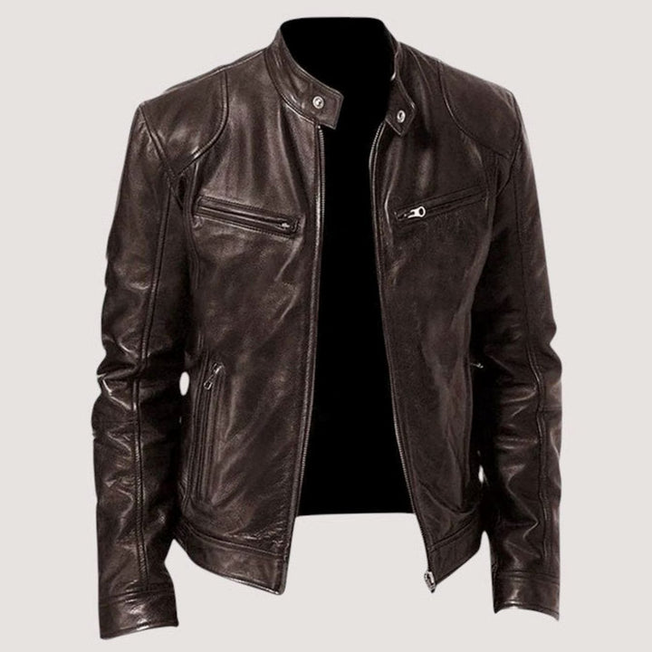 Men's Genuine Leather Biker Jacket Band Collar Multi-Zip - Dark Brown