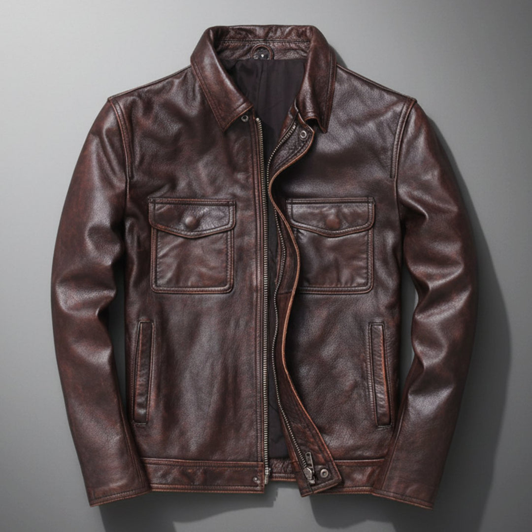 Men's Genuine Leather Zip-Up Field Jacket Chest Pockets - Brown