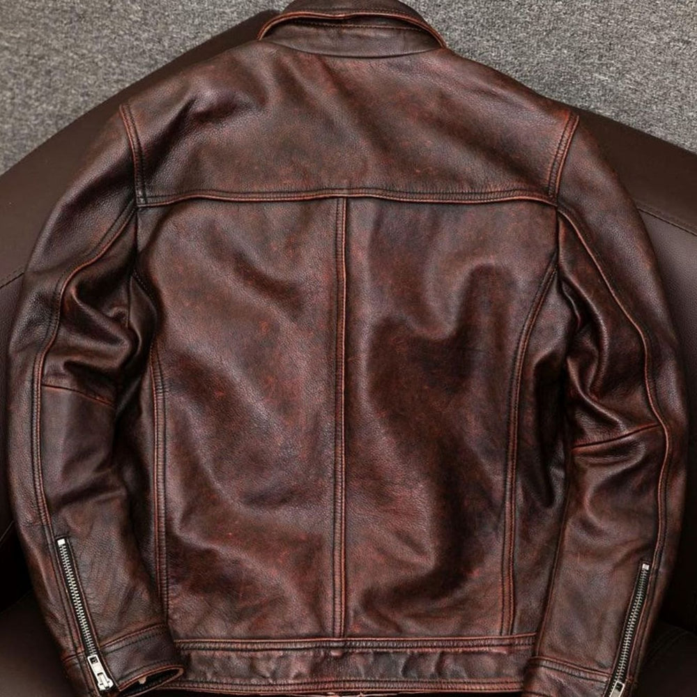 Men's Genuine Leather Zip-Up Field Jacket Chest Pockets
