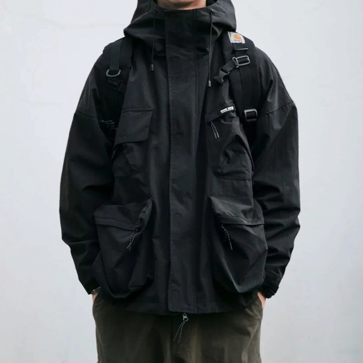 Men's Hooded Multi-Pocket Technical Outdoor Jacket - Black