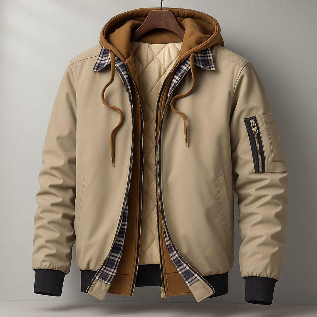 Men's Hooded Quilted-Lined Water-Resistant Winter Bomber Jacket - Beige