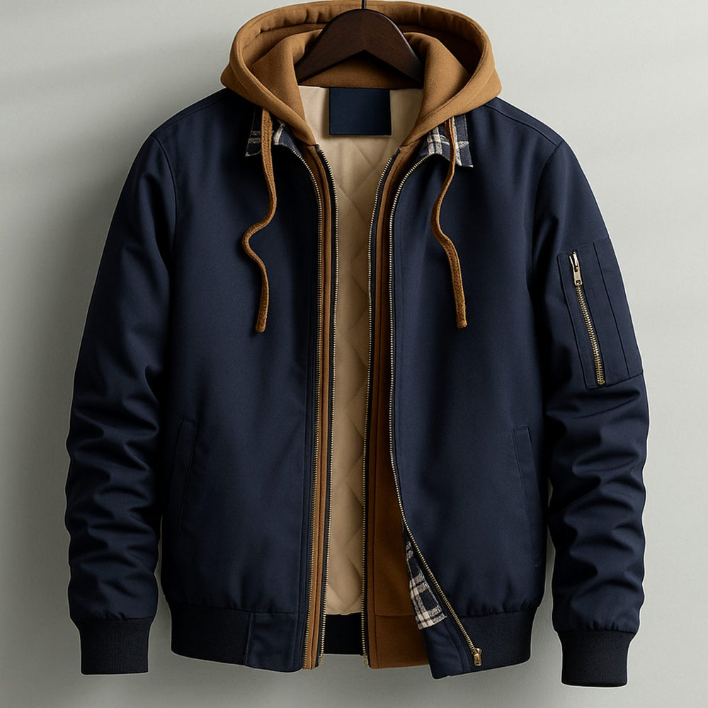 Men's Hooded Quilted-Lined Water-Resistant Winter Bomber Jacket - Navy Blue