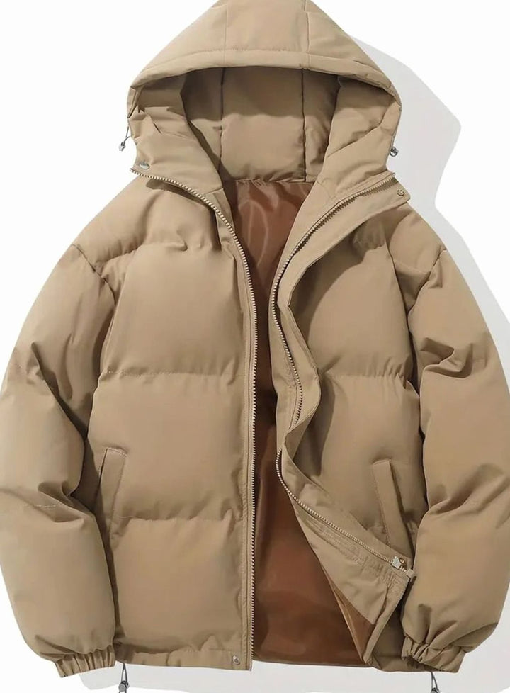 Men's Hooded Quilted Puffer Winter Coat Elastic Cuffs - Brown