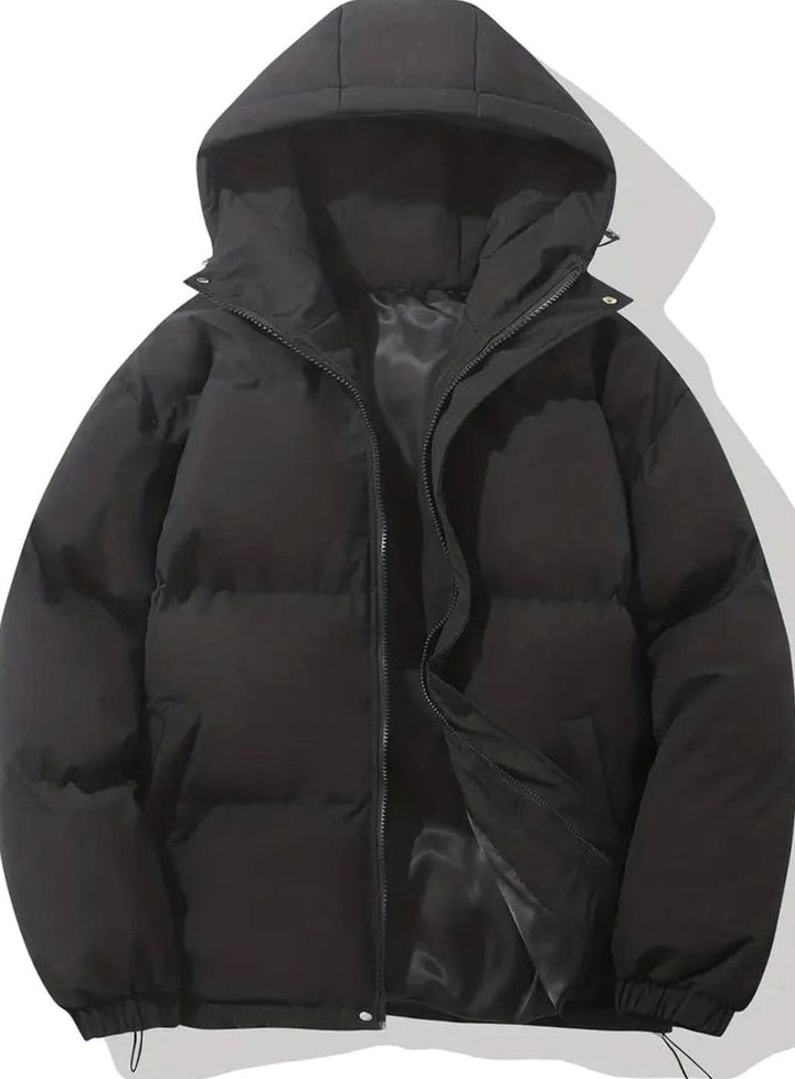 Men's Hooded Quilted Puffer Winter Coat Elastic Cuffs - Black