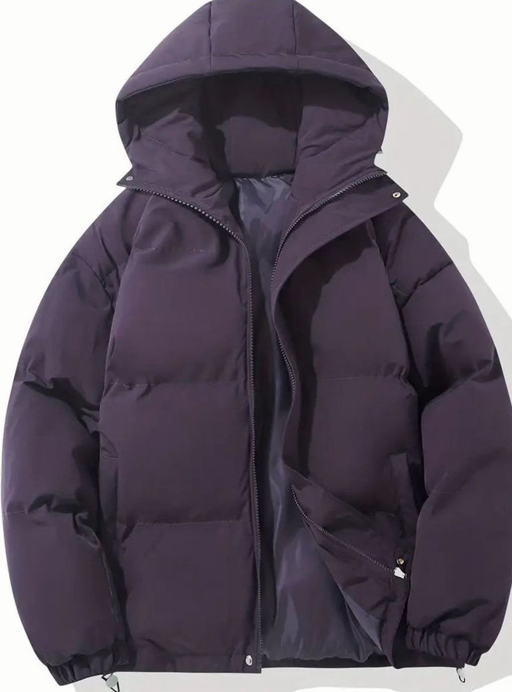 Men's Hooded Quilted Puffer Winter Coat Elastic Cuffs - Purple