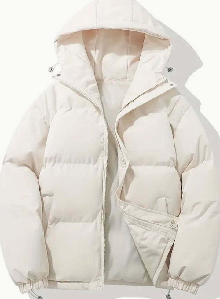 Men's Hooded Quilted Puffer Winter Coat Elastic Cuffs - White