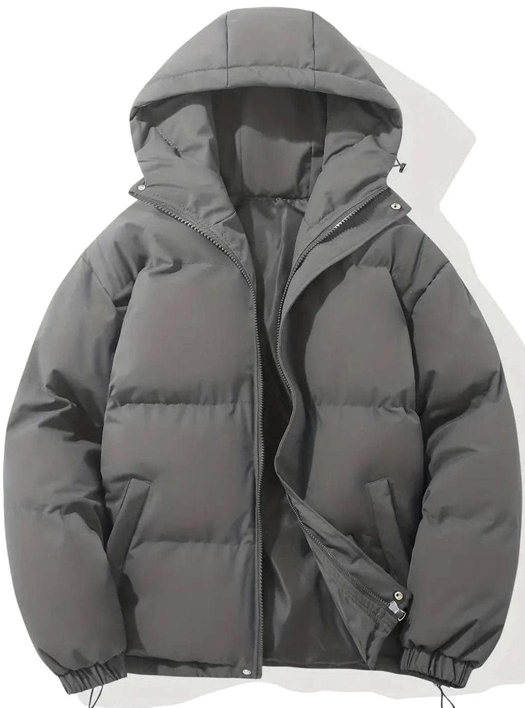 Men's Hooded Quilted Puffer Winter Coat Elastic Cuffs - Grey
