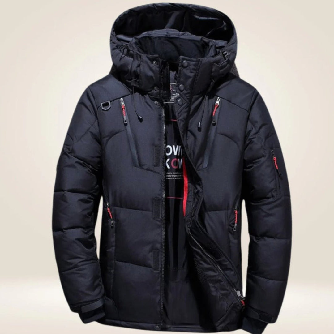 Men's Hooded Windproof Water-Resistant Puffer Down Winter Jacket - Black
