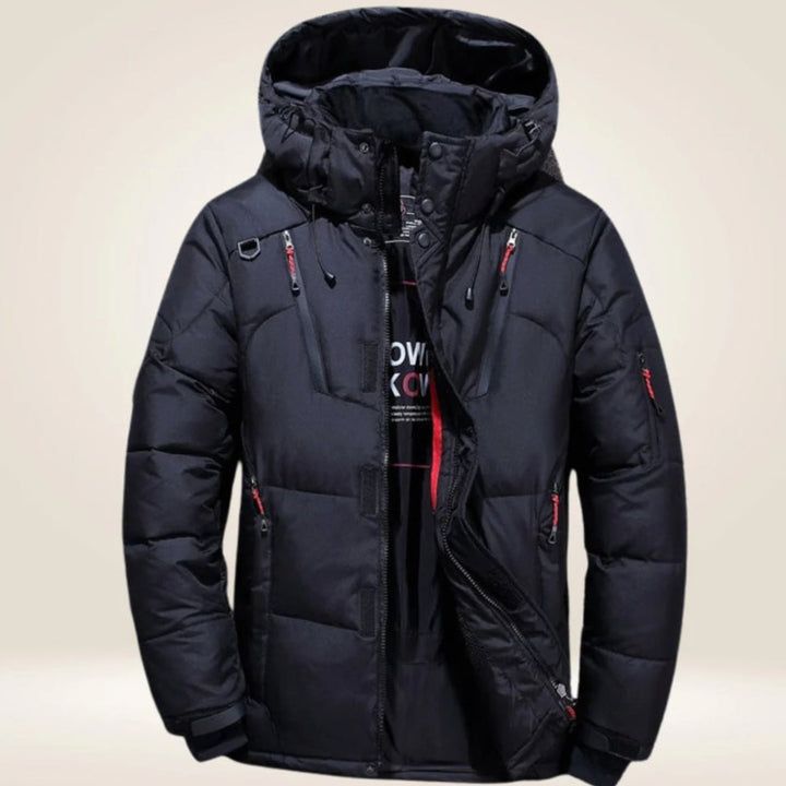 Men's Hooded Windproof Water-Resistant Puffer Down Winter Jacket - Black