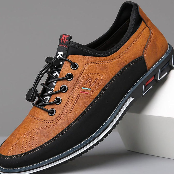 Men's Lace-Up Leather-Look Casual Comfort Trainers - Camel Brown