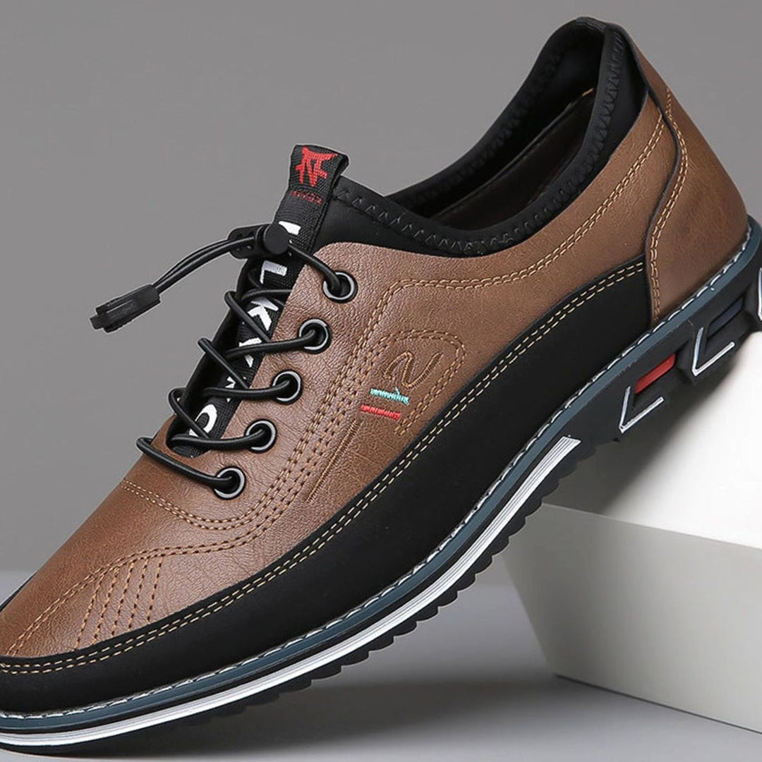 Men's Lace-Up Leather-Look Casual Comfort Trainers - Chestnut Tan