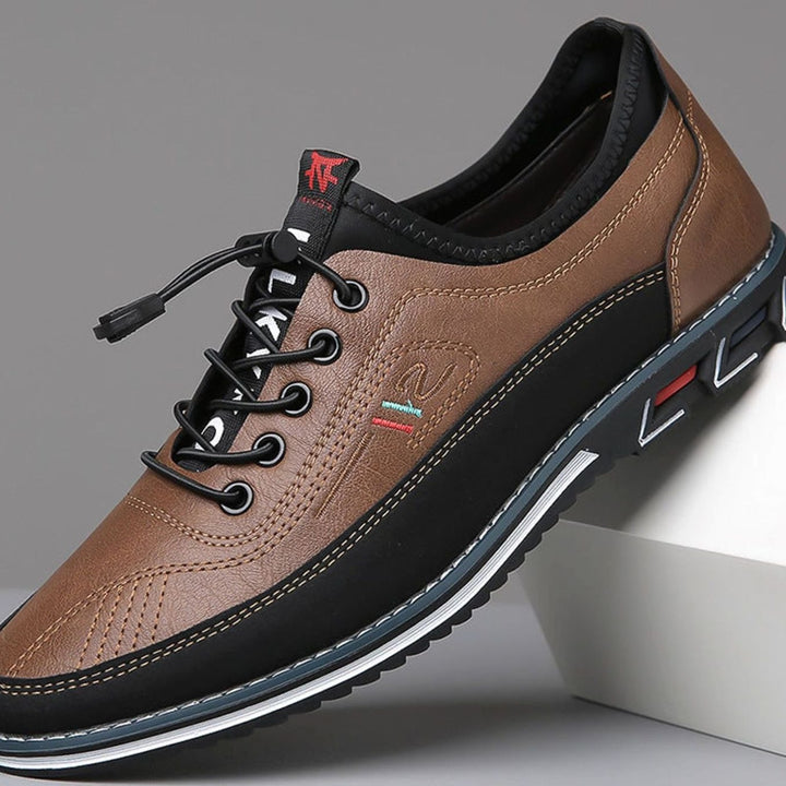 Men's Lace-Up Leather-Look Casual Comfort Trainers - Chestnut Tan