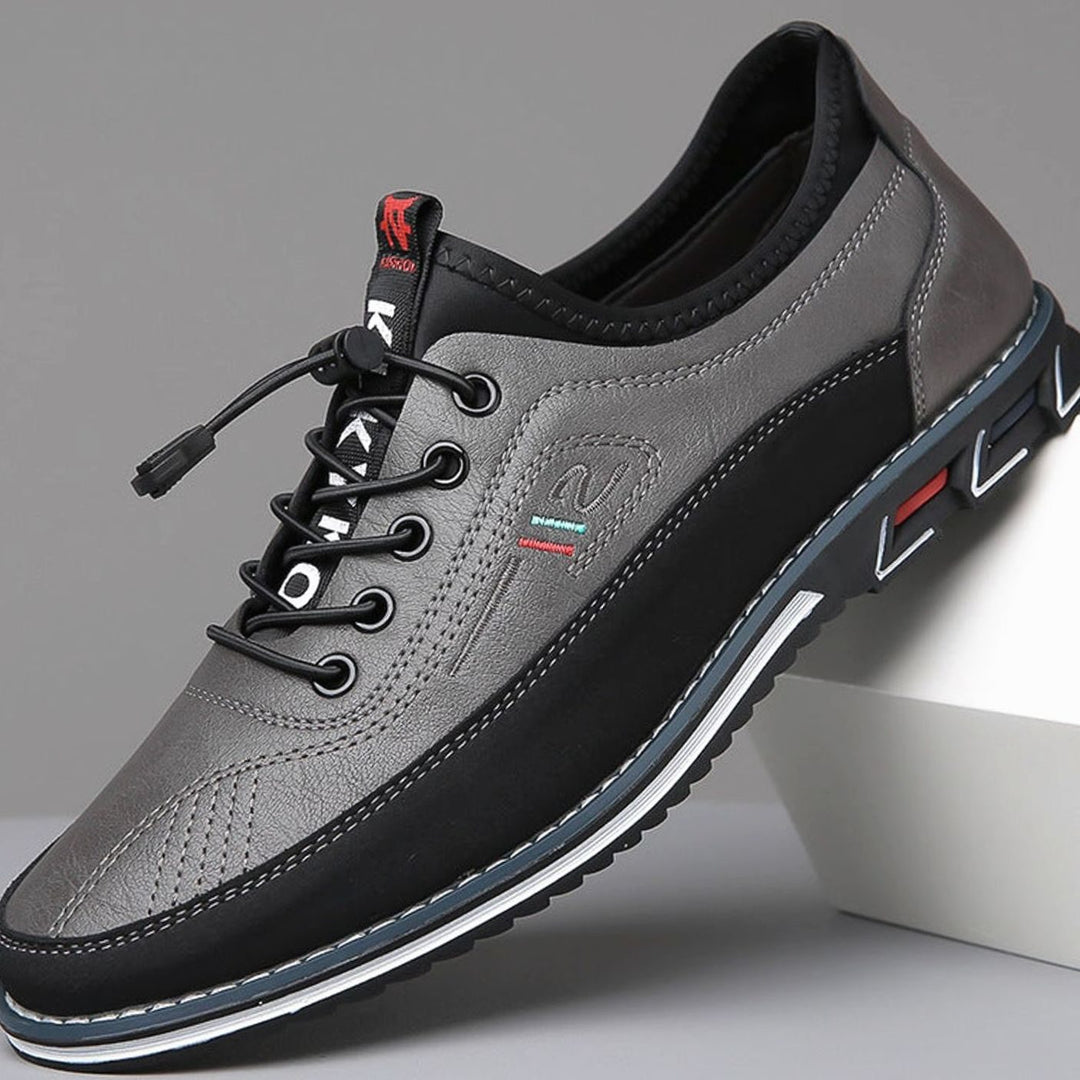 Men's Lace-Up Leather-Look Casual Comfort Trainers - Charcoal Grey