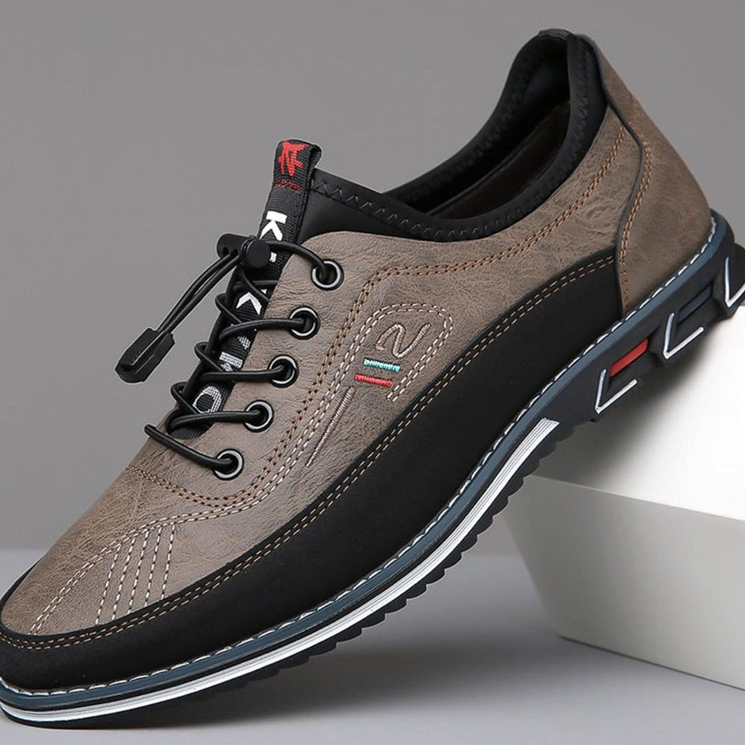 Men's Lace-Up Leather-Look Casual Comfort Trainers - Stone Grey