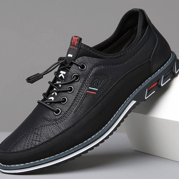 Men's Lace-Up Leather-Look Casual Comfort Trainers - Midnight Black