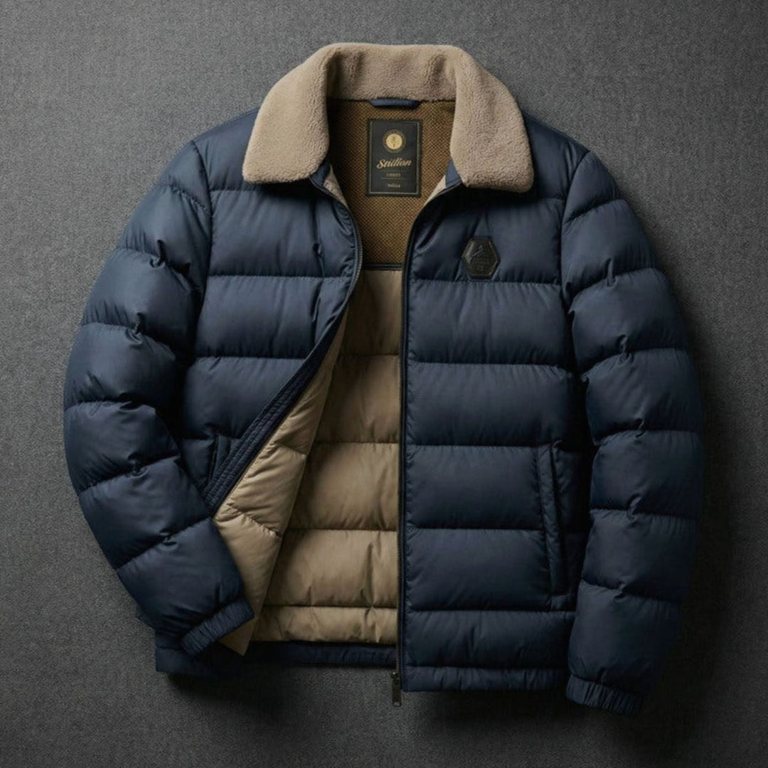 Men's Lightweight Down Jacket Fleece Collar Puffer Coat - Dark Navy Blue