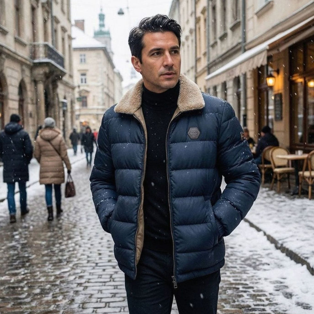Men's Lightweight Down Jacket Fleece Collar Puffer Coat