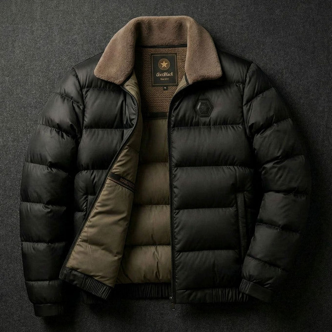Men's Lightweight Down Jacket Fleece Collar Puffer Coat - Midnight Black
