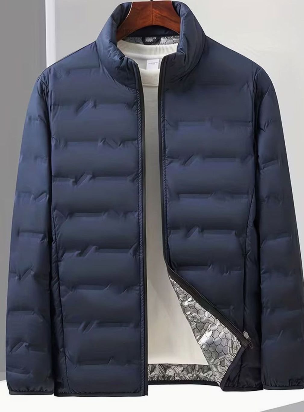 Men's Lightweight Quilted Puffer Jacket Stand Collar Multi-Pocket - Navy Blue