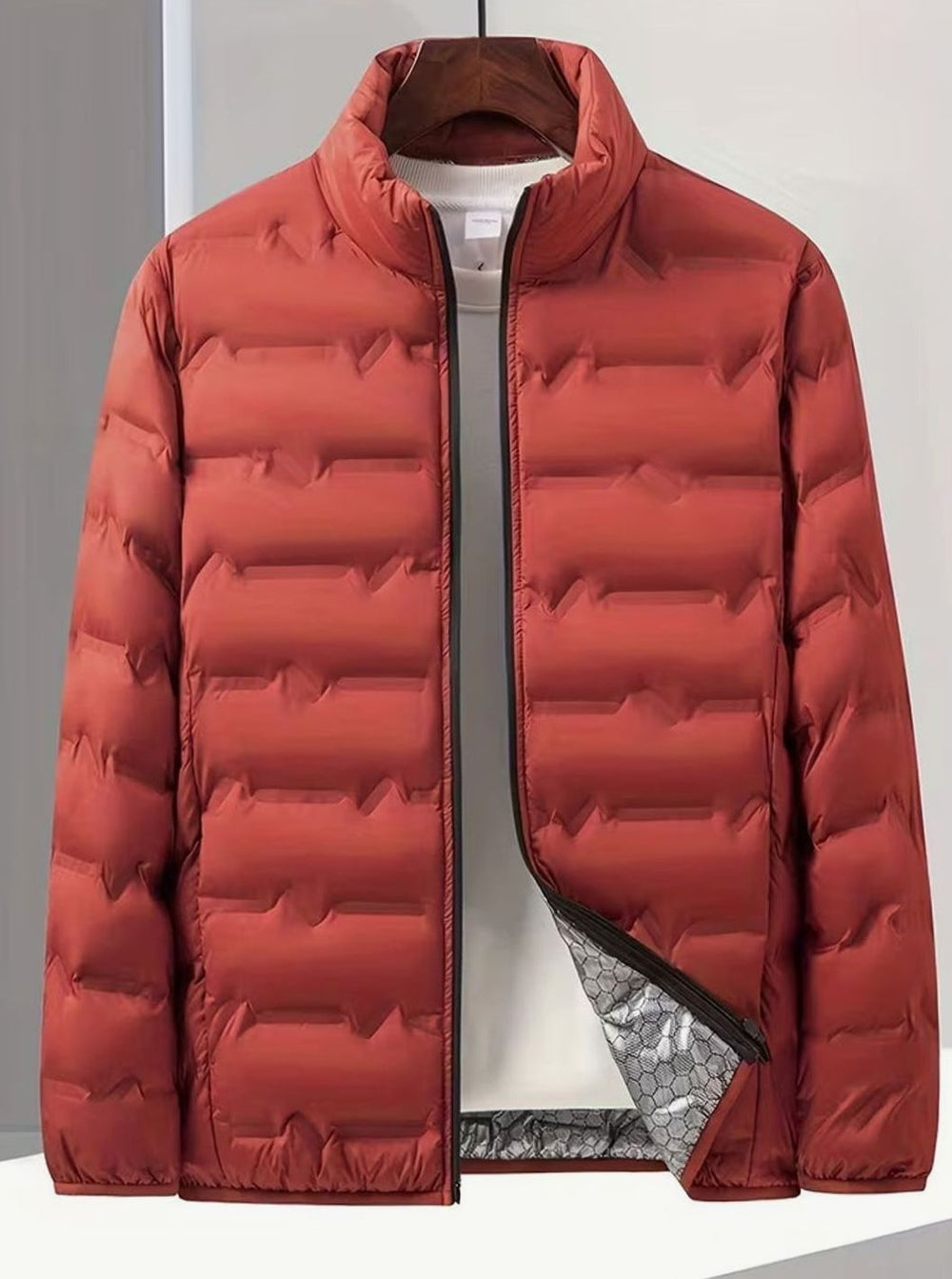 Men's Lightweight Quilted Puffer Jacket Stand Collar Multi-Pocket - Red