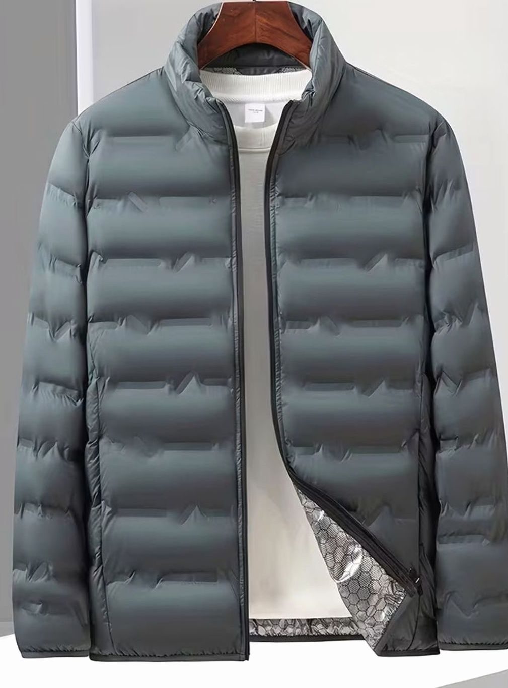 Men's Lightweight Quilted Puffer Jacket Stand Collar Multi-Pocket - Grey