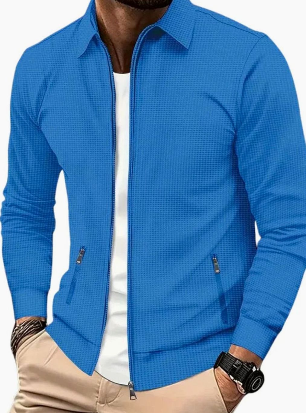 Men's Lightweight Waffle-Knit Full-Zip Jacket Side Pockets - Blue