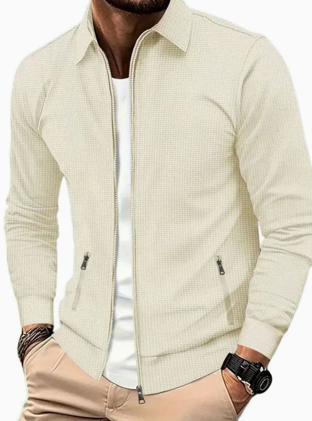 Men's Lightweight Waffle-Knit Full-Zip Jacket Side Pockets - Beige