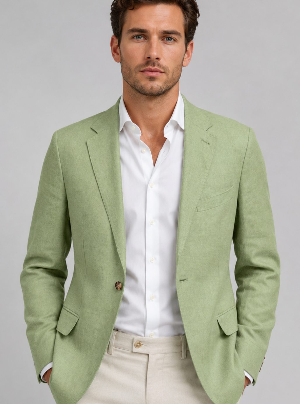 Men's Linen-Look Tailored Single-Button Notch Lapel Blazer - Light Green