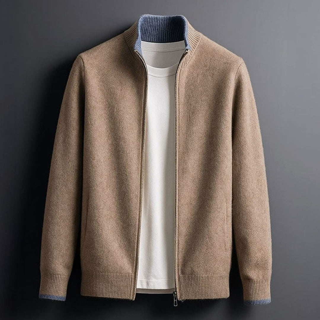 Men's Merino Wool Full-Zip Stand-Collar Cardigan Jacket - Camel