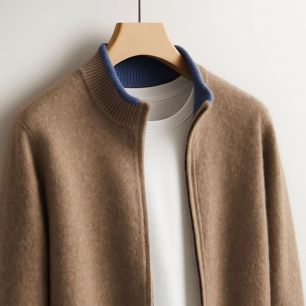 Men's Merino Wool Full-Zip Stand-Collar Cardigan Jacket