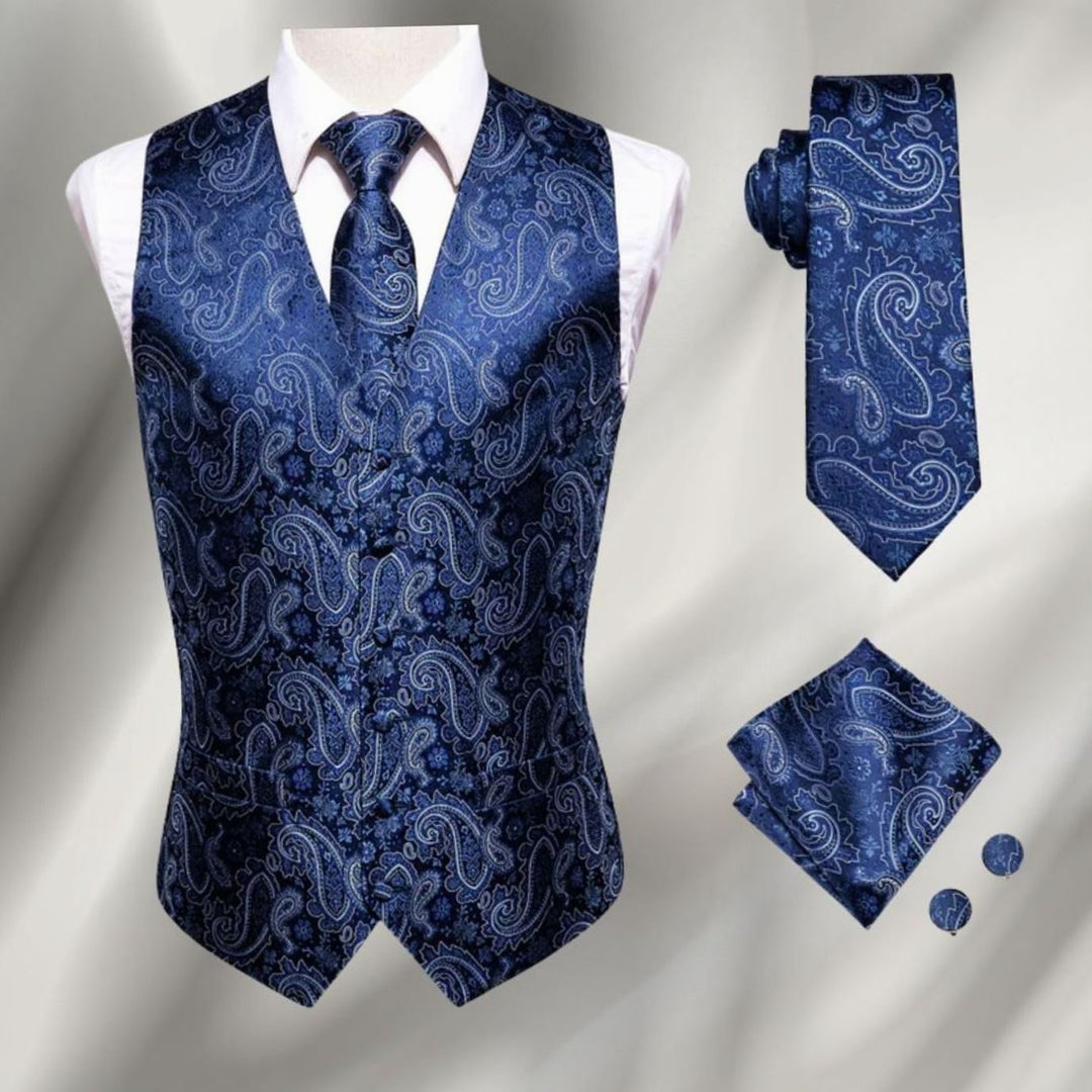 Men's Paisley Waistcoat Set Silk-Look Vest Tie Pocket Square Cufflinks - Blue