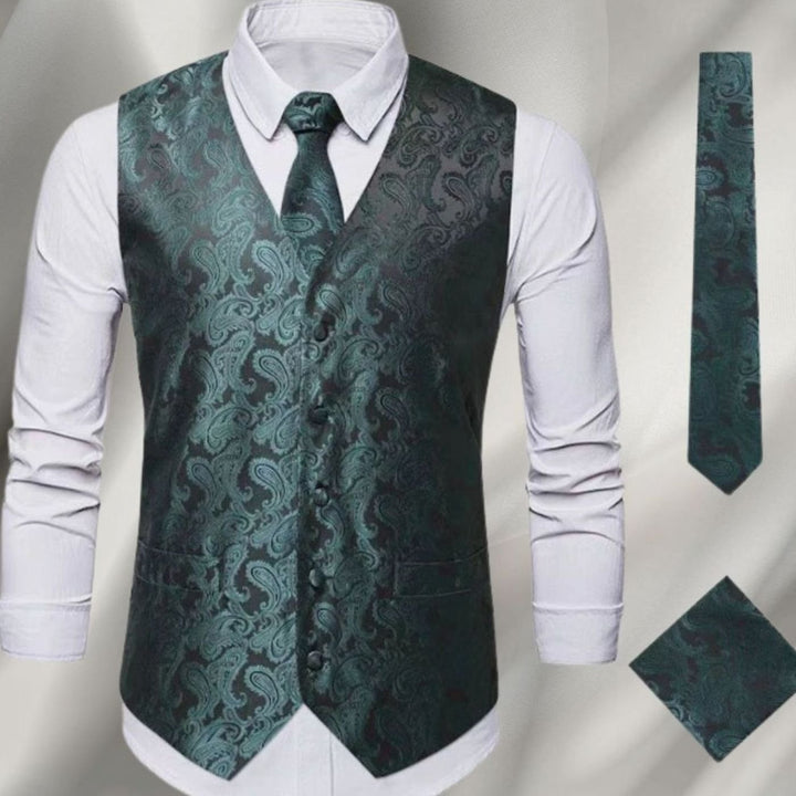 Men's Paisley Waistcoat Set Silk-Look Vest Tie Pocket Square Cufflinks - Green