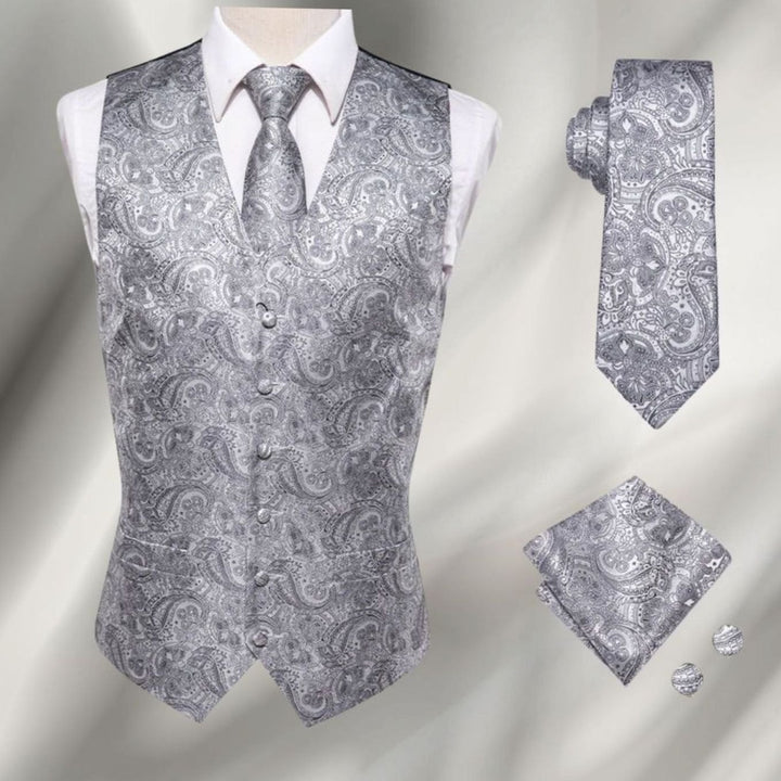 Men's Paisley Waistcoat Set Silk-Look Vest Tie Pocket Square Cufflinks - Grey