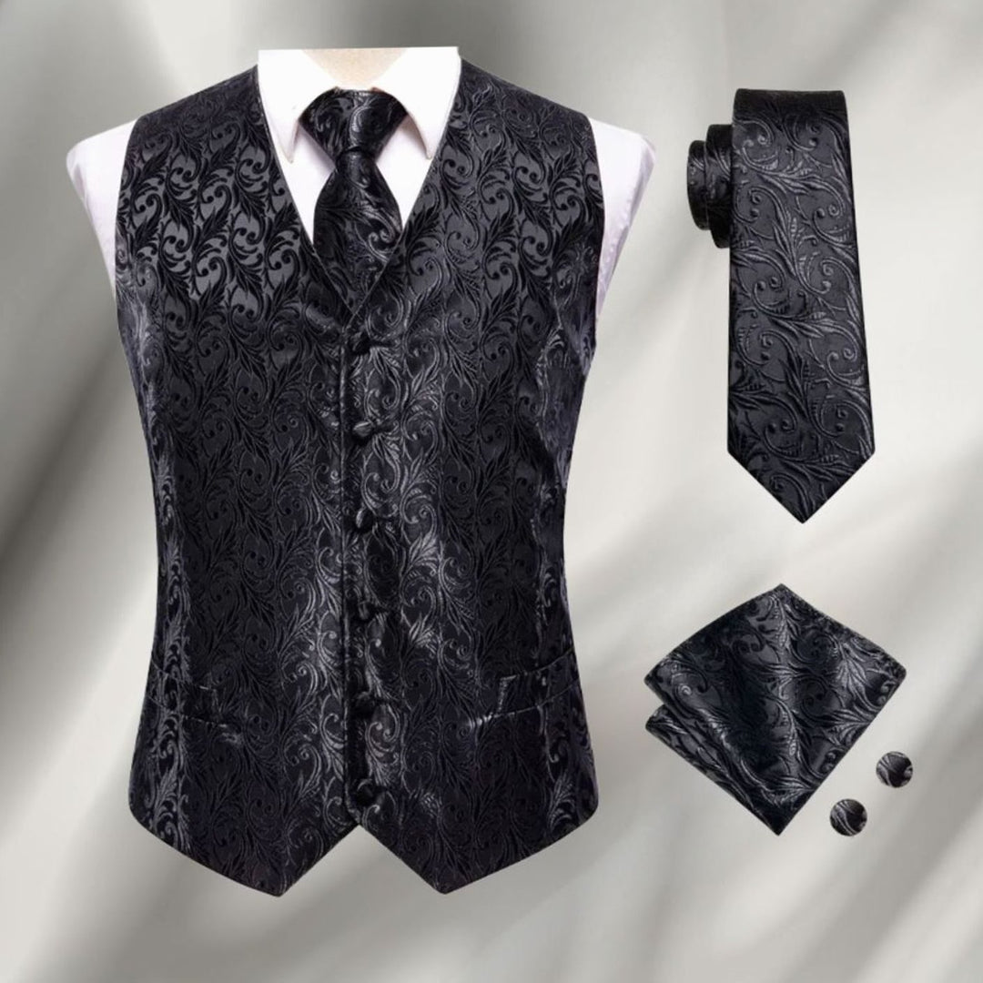 Men's Paisley Waistcoat Set Silk-Look Vest Tie Pocket Square Cufflinks - Black