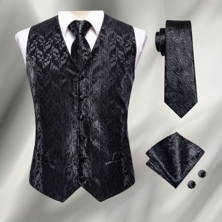 Men's Paisley Waistcoat Set Silk-Look Vest Tie Pocket Square Cufflinks - Black