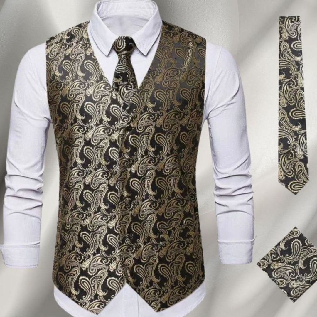 Men's Paisley Waistcoat Set Silk-Look Vest Tie Pocket Square Cufflinks - Gold