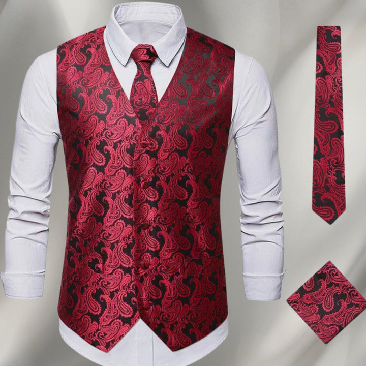 Men's Paisley Waistcoat Set Silk-Look Vest Tie Pocket Square Cufflinks - Red Black