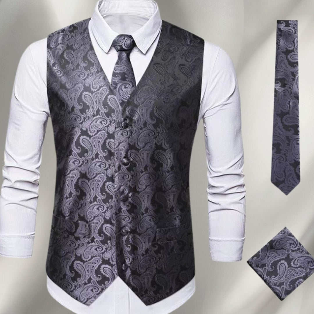 Men's Paisley Waistcoat Set Silk-Look Vest Tie Pocket Square Cufflinks - Dark Grey