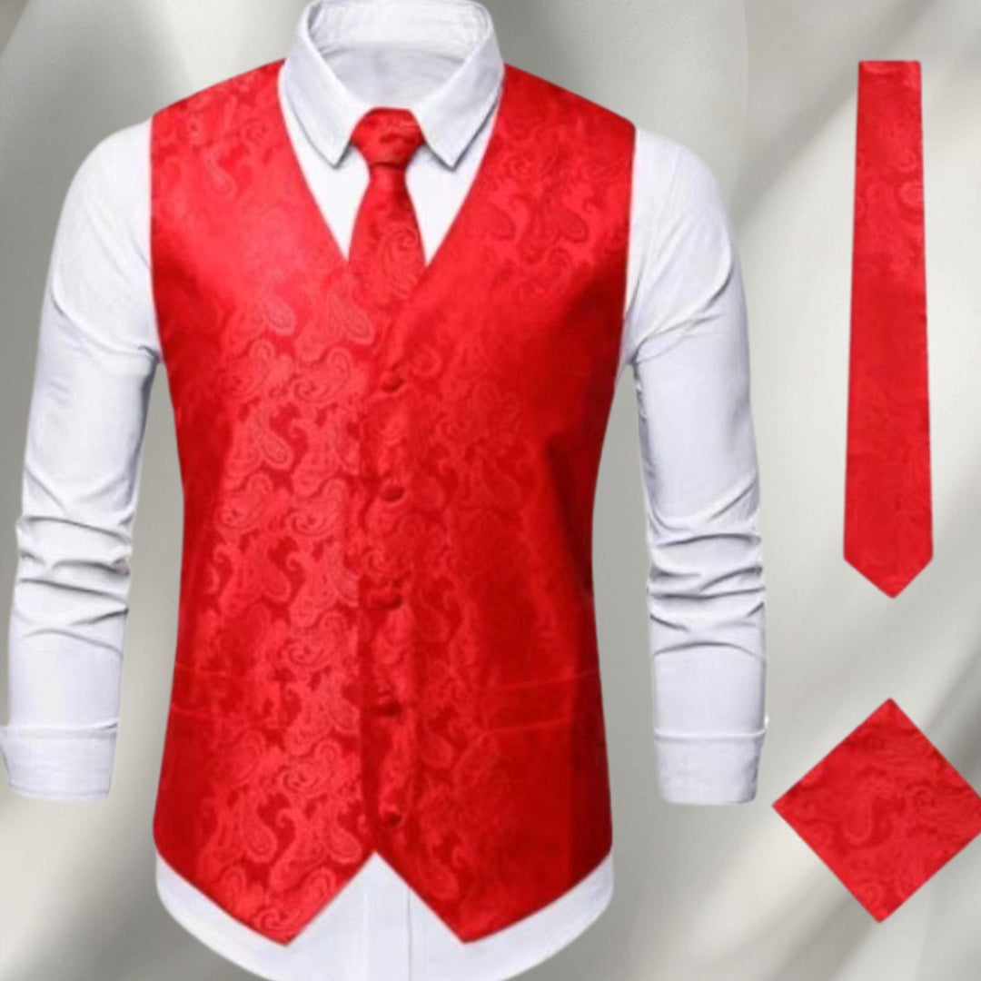 Men's Paisley Waistcoat Set Silk-Look Vest Tie Pocket Square Cufflinks - Red