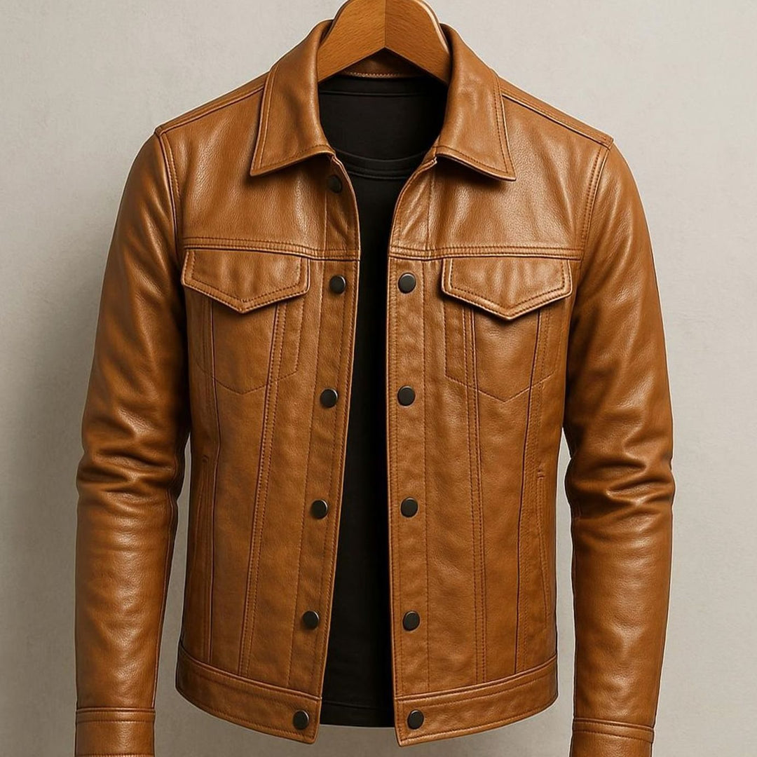 Men's Premium Leather Snap-Button Trucker Jacket - Caramel Brown