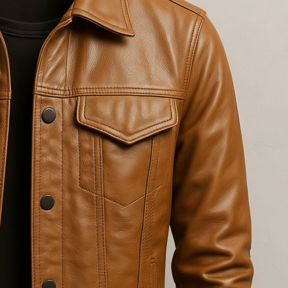 Men's Premium Leather Snap-Button Trucker Jacket