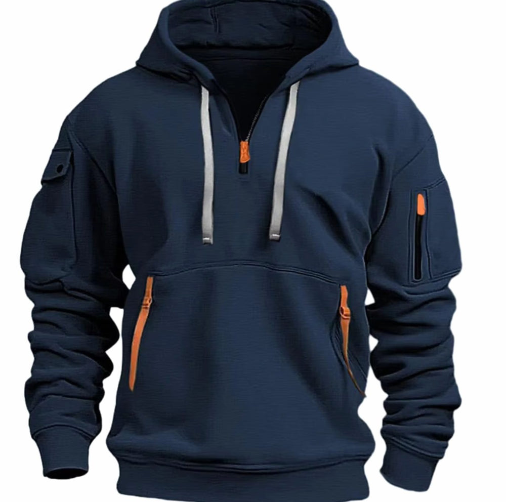 Men's Quarter-Zip Hooded Sweatshirt Multi-Pocket Tactical - Navy Blue