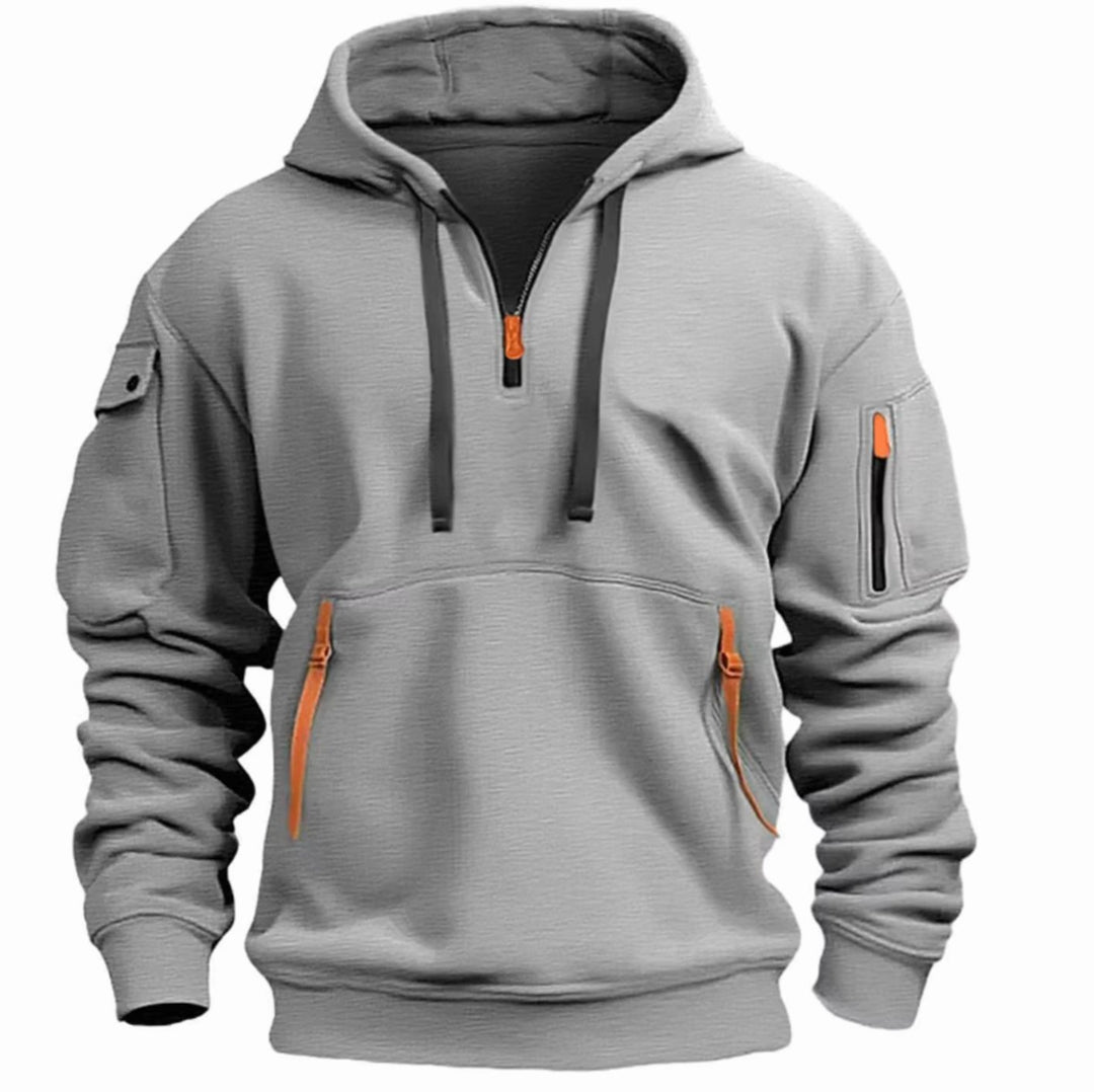 Men's Quarter-Zip Hooded Sweatshirt Multi-Pocket Tactical - Light Grey