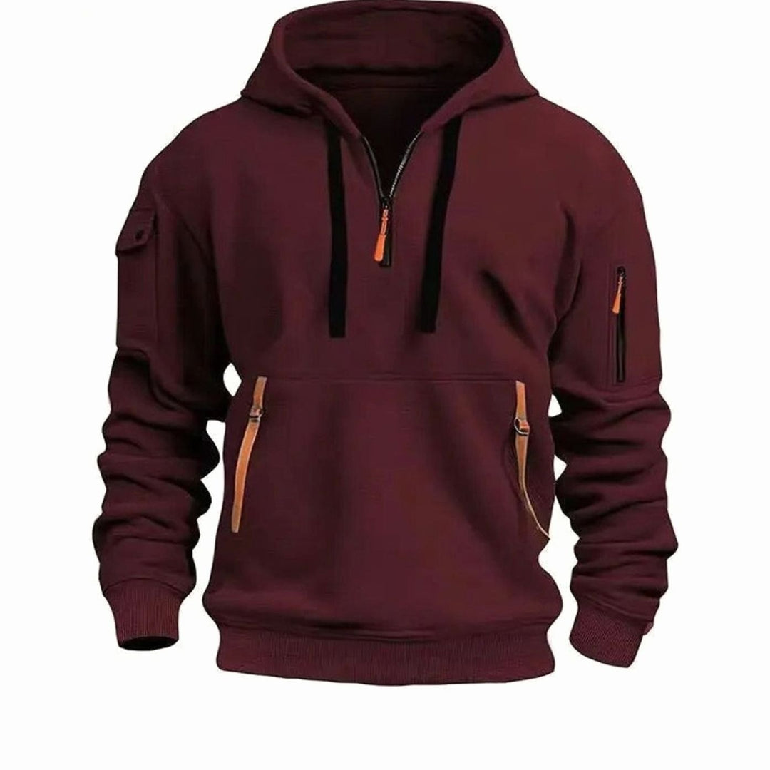 Men's Quarter-Zip Hooded Sweatshirt Multi-Pocket Tactical - Dark Red
