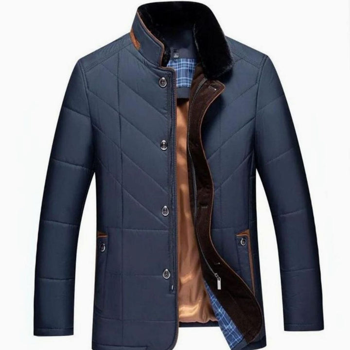 Men's Quilted Fleece-Lined Winter Jacket Stand Collar - Blue