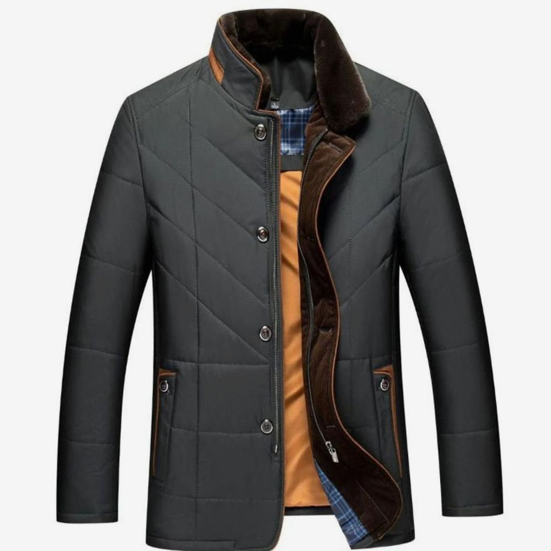 Men's Quilted Fleece-Lined Winter Jacket Stand Collar - Black